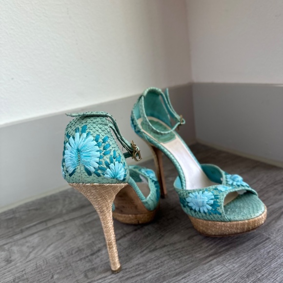 Dior Blue Snakeskin Leather and Floral Straw Logo Charm Slingback - Picture 2 of 4